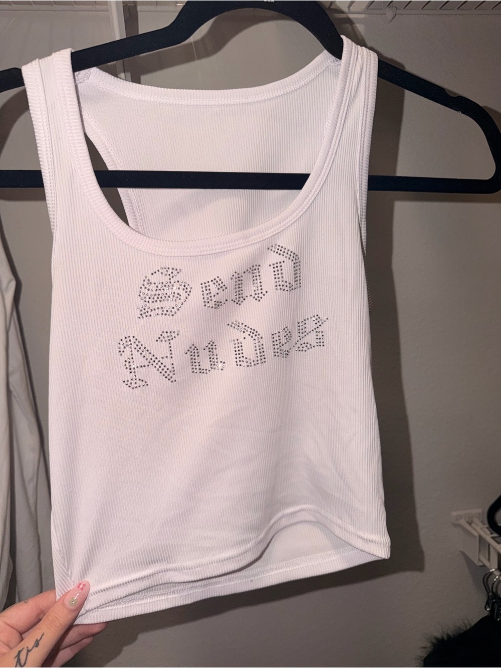 White Rhinestone 'Send Nudes' Ribbed Tank Top